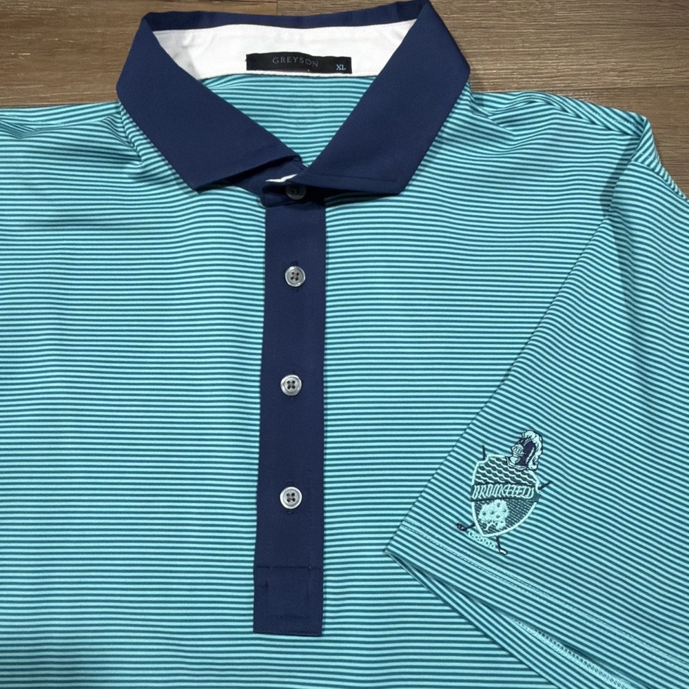 Greyson Polo Shirt Men's XL Teal Turquoise Golf Striped Brookfield Country Club‎